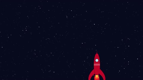 Rocket flying in space. Retro cartoon style with flat design. Travel and adventure in cosmos with a rocketship.