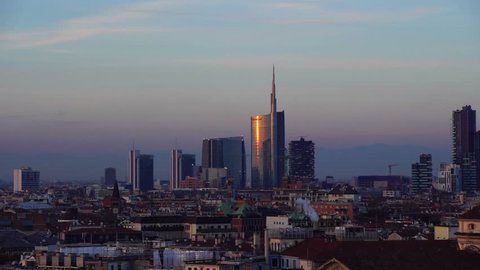 Milan, Italy - January 22, 2017: Milan skyline with modern skyscrapers in Porta Nuova business district in Milan, Italy, at sunset.