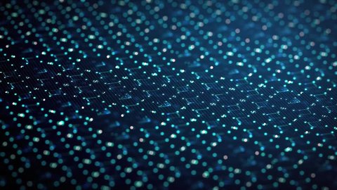 Loopable abstract digital technology background made of particles and small animated arrow. 3d render with depth of field