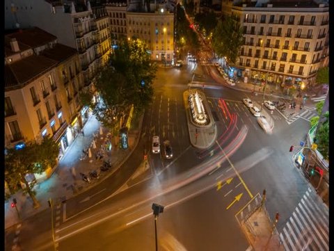 Aerial time lapse video of a night scene in Glorieta de Bilbao in Madrid, Spain Stock Video