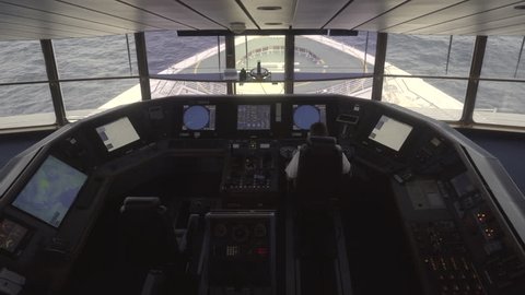 Cruise ship at sea. Captain bridge or control room inside view