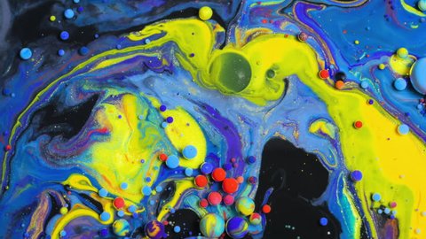 Bright Collors Beautiful Bubbles Universe Of Color Moving Surface Macro Paint Oil Red Blue Black And Yellow Multicolored Slow Motion