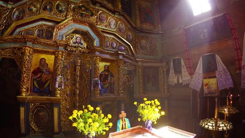 KIEV. UKRAINE - CIRCA SEP 2016: Ornate Interior of an Old Orthodox Church with Traditional Icons. UltraHd 4k video