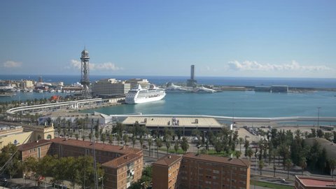 4k timelapse time lapse Barcelona port cruises boats sunny skyline aerial red cableway panoramic view aerial sight modern busy movement holidays city
