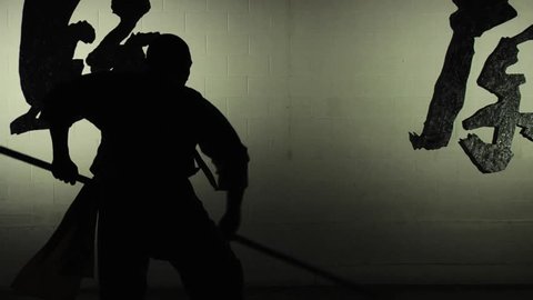 A Shaolin monk demonstrates in silhouette an ancient form of kung fu using a staff. Shot in slow motion. 