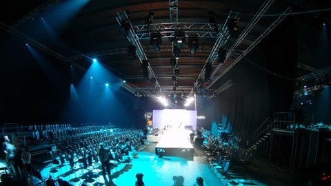MOSCOW - APR 8: (Timelapse View) Working scenes mount scenery before fashion show on VOLVO - Week of fashion in Moscow in Gostini dvor, on April 8, 2012 in Moscow, Russia Editorial Stock Video