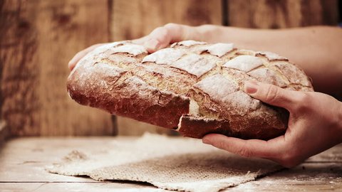 Female baker hands breaking homemade bread over wooden background.