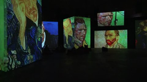 SAINT-PETERSBURG, RUSSIA - WINTER 2017: Interactive exhibition of Van Gogh paintings. Shot in 4K (ultra-high definition (UHD)).
