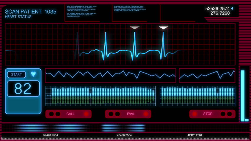 A futuristic simulated heart monitoring screen.