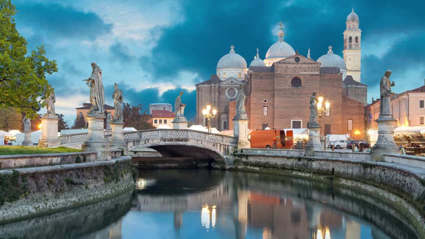 View on Basilica of Saint Giustina from Prato della Valle square in the evening, Padova  (static image with animated sky)
