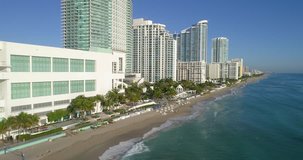 Aerial beachfront resorts and hotels Hollywood Beach FL 4k 60p