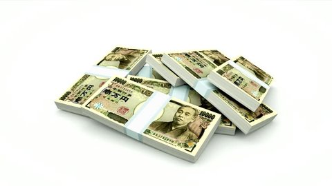 Slow motion Falling Piles stacks of Japan Money isolated on White Background, HD Video footage representing Financial concept and financial success with alpha mask included