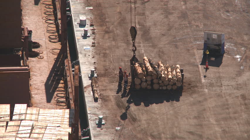 logs being lifted onto a ship for export