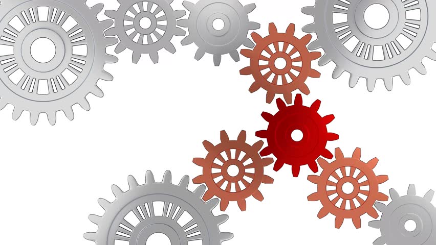 3D illsutration of Some Silver Gears with One Red and Orange gears in Infinite Rotation