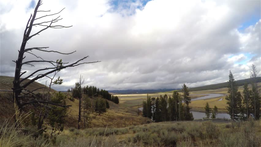 Zooming timelapse of forest, fields and ponds, in Yellowstone national park, in Wyoming, United states of America.