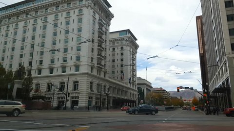 Traffic near the temple square, in the center of Salt lake city, Utah, in United states of America