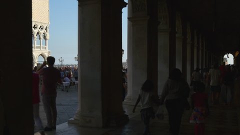 sunset light palazzo ducale venice city crowded walking panorama 4k italy