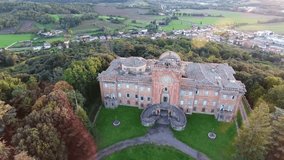 Aerial shot, gorgeous italian sammezzano castle, medieval architecture filmed with drone, 4K.