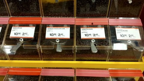 Variety of coffee beans in a bulk store