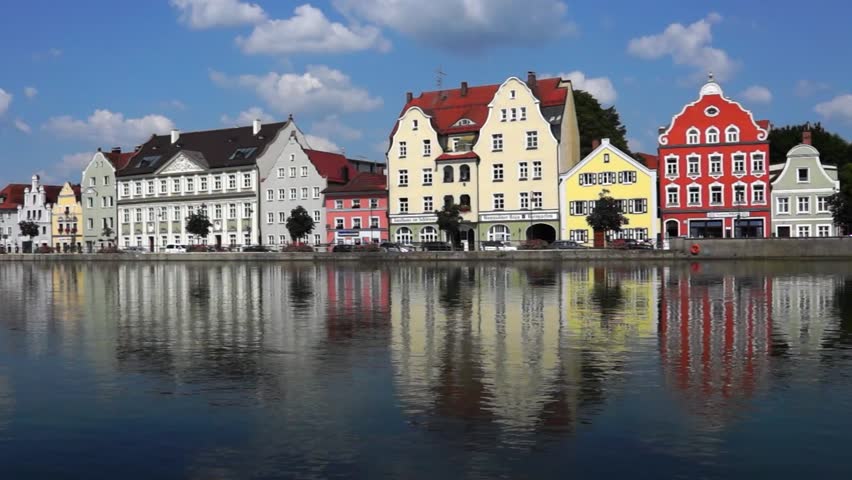 Colorful facades of buildings in the Old Town district in the City of Landshut, Bavaria, Germany, Europe