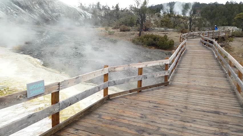Handheld view of mound spring, at mammoth hot springs, in Yellowstone national park, in Wyoming, United states of america.