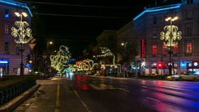 Budapest. Octogon square at night. Christmas street decoration.