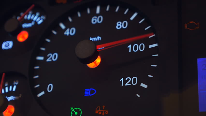 Speedometer needle of the truck is approaching to the maximum value 120 km/h. Vehicle vibration adds adrenaline and increases the feeling of a strong acceleration of the heavy car