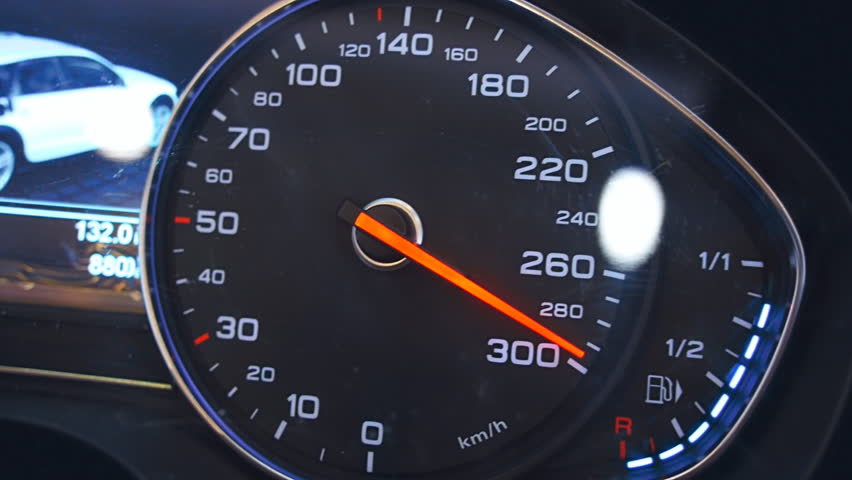 Car speedometer needle is approaching to the maximum value 300 km/h