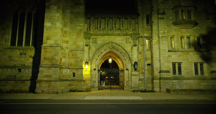 Yale campus at night in New Haven, Connecticut.