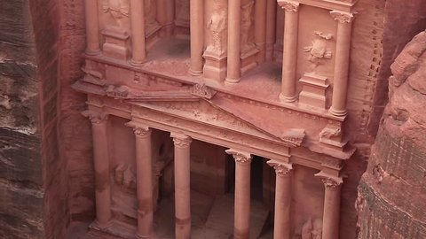 Al Khazneh or Treasury - Nabatean rock-cut temple of Hellenistic period of ancient Petra, originally known to Nabataeans as Raqmu - historical and archaeological city in Hashemite Kingdom of Jordan