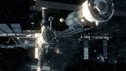 Spacecraft Docking To International Space Station. 3D Animation.
