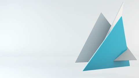 Animated 3d pyramid transformation, color triangle shapes flying on light backdrop with reflections. Motion abstract background with copyspace