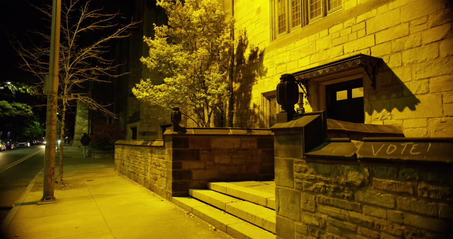 Yale campus at night in New Haven, Connecticut.