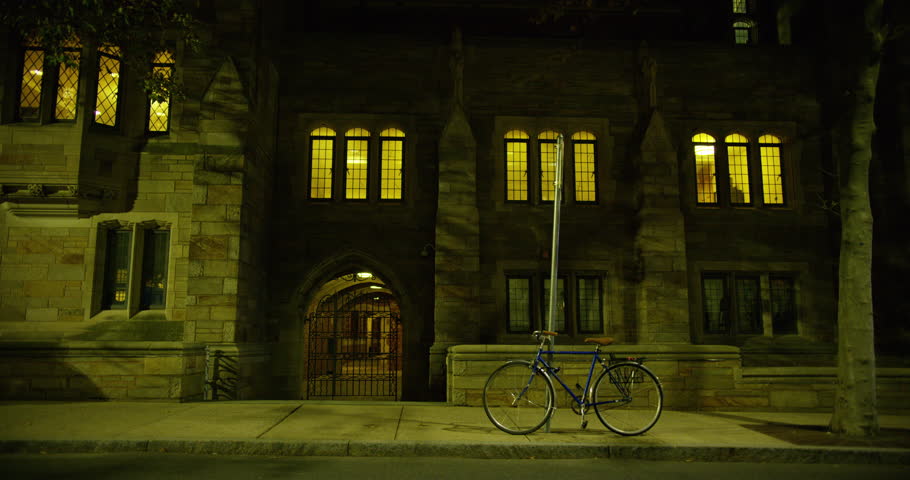 Yale campus at night in New Haven, Connecticut.