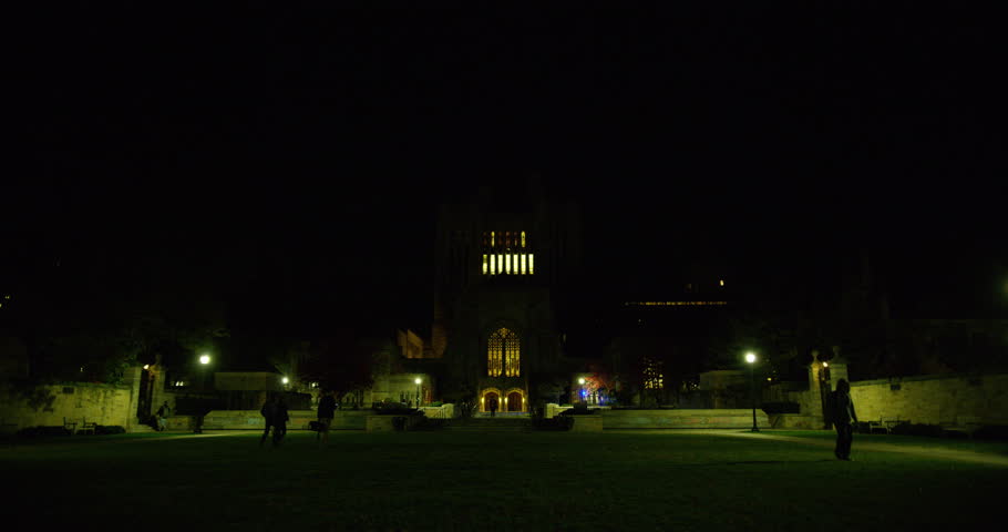 Yale campus at night in New Haven, Connecticut.