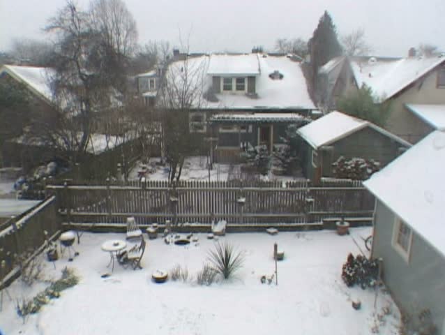 Portland, Oregon backyard from high angle, snow falls violently as wind blows