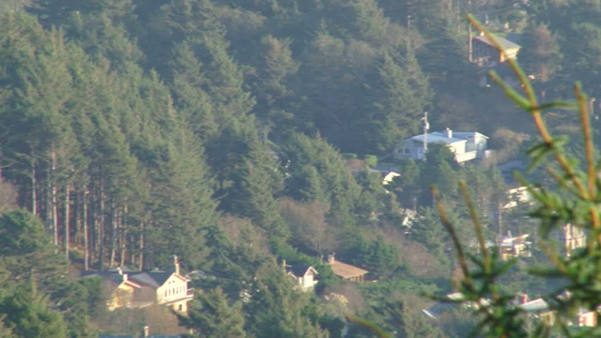Camera pan, high angle showing beach house community in Oregon.