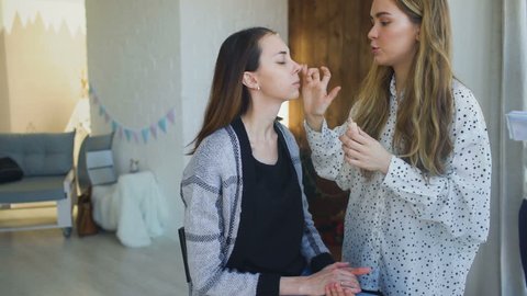 Young make-up artist makes a girl beautiful makeup for face before an important event