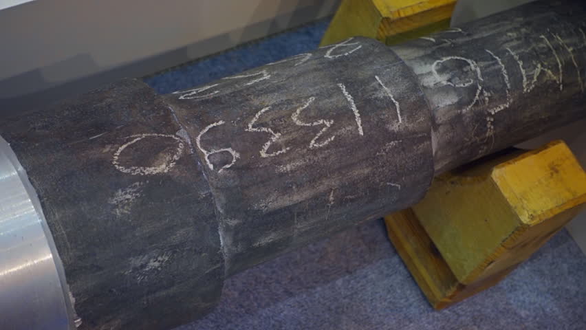 Huge metal blank, half treated in a lathe, lying on wooden blocks. Shot in motion