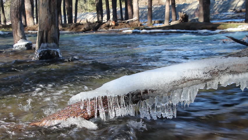 Icicles on a log in quickly current stream of the river, Chemal River, Altai, Russia 