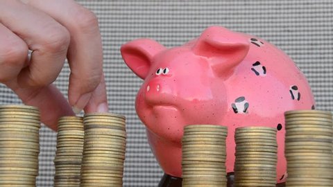 Woman puts cash money into a pink piggy bank