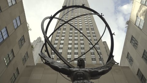 Atlas Statue at Rockefeller Center, slider shot - October 2016. Manhattan, New York City, United States