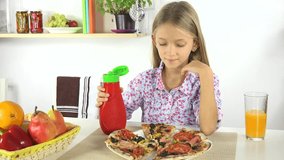 4K Child Eating Pizza, Girl Drinking Oranges Juice in Kitchen, Unhealthy Food