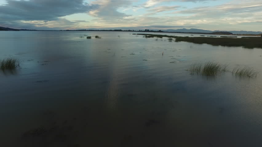 Aerial Shot Flying Low Over Grassy Marsh with Reflection of Clouds in Water