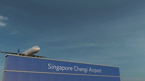 Commercial airplane taking off at Singapore Changi Airport 3D conceptual 4K animation