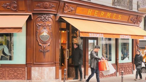 PARIS - JAN 24 , 2017: Hermes boutique luxury fashion store open for business on January 24, 2017. Hermes of Paris is a French high fashion upscale goods manufacturer established in 1837.