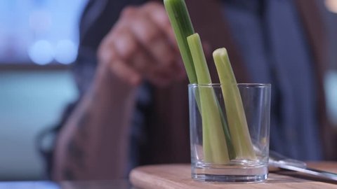 Cut celery slices for a cocktail 
