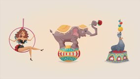 Circus performance decorative icons set available in 4k UHD FullHD and HD 3d video animation footage