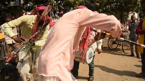 DHARNI, MAHARASHTRA, INDIA 19 NOVEMBER : group of Korku tribes perform folk Ghungru Dance during Diwali festival , Korku is a scheduled tribe  community  found  in Melghat region of Maharashtra.