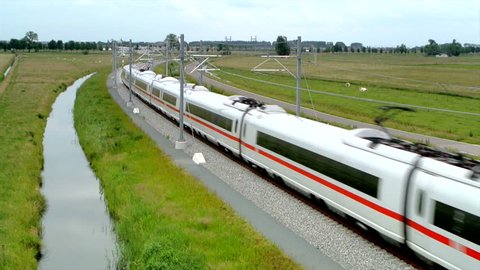 ICE train (Intercity-Express) doing test runs on the new Hanzelijn railroad track near Kampen, The Netherlands.